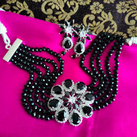 N02030_Classic designer Black pearl crystal Grand Flower shaped pendant choker necklace set studded  with  American diamond stones.