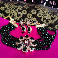 N02024_Classic designer Black pearl crystal Grand Flower shaped pendant choker necklace set studded  with  American diamond stones.