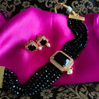 N0520_Classic crystal choker necklace set studded  with  American diamond stones with pearl drops.