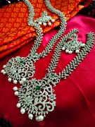 N03036_Bridal Gorgeous  designer silver polished American diamond embellished necklace set with one short & one long designer necklace set, grand earring