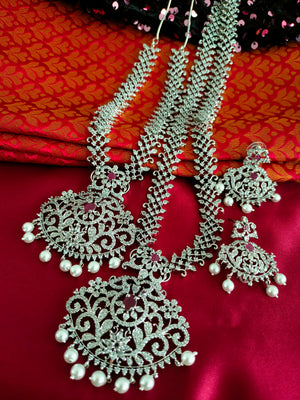 N03037_Bridal Gorgeous  designer silver polished American diamond embellished necklace set with one short & one long designer necklace set, grand earring