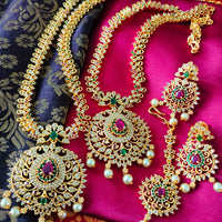 N03033_Bridal Gorgeous  designer gold polished American diamond embellished necklace set with one short & one long designer necklace set, grand earring and maangtika