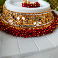 N03048_Bridal Maroon Gorgeous designer gold polished mirror work embellished necklace set with one short & one long designer necklace set, grand earring and maangtika