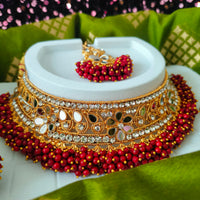 N03048_Bridal Maroon Gorgeous designer gold polished mirror work embellished necklace set with one short & one long designer necklace set, grand earring and maangtika