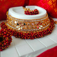 N03048_Bridal Maroon Gorgeous designer gold polished mirror work embellished necklace set with one short & one long designer necklace set, grand earring and maangtika