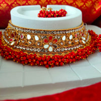 N03049_Bridal Red Gorgeous designer gold polished mirror work embellished necklace set with one short & one long designer necklace set, grand earring and maangtika