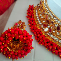 N03049_Bridal Red Gorgeous designer gold polished mirror work embellished necklace set with one short & one long designer necklace set, grand earring and maangtika