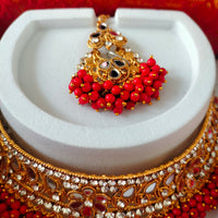 N03049_Bridal Red Gorgeous designer gold polished mirror work embellished necklace set with one short & one long designer necklace set, grand earring and maangtika