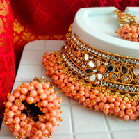 N03047_Bridal Peach Gorgeous designer gold polished mirror work embellished necklace set with one short & one long designer necklace set, grand earring and maangtika