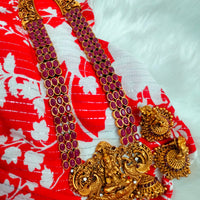 N03073_ Grand classic matte gold polished temple jewelry Long Haram crafted design gold plated necklace set embellished with ruby  stones .