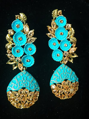 Sparkling asmani color earring crafted with elegant Meenakari work