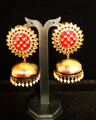 Classy Red Colored Jumki Earring with delicate work of pearl and  Meenakari work.