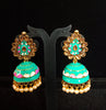 Classy Light Weight Ferozi Colored Jumki Earring with delicate work of pearl and  Meenakari work.