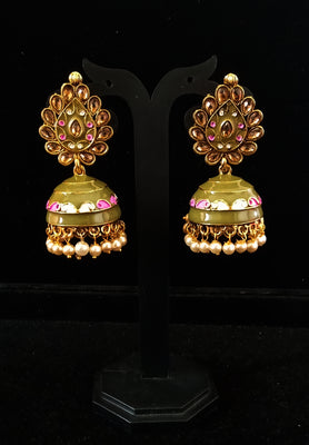 Classy Light Weight Henna Colored Jumki Earring with delicate work of pearl and  Meenakari work.