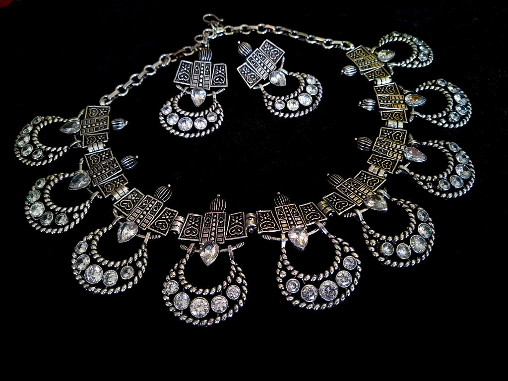 N058_Classy German Silver Oxidized crafted choker Necklace with delicate work of White semi precious stones.