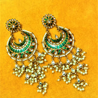 E0112_Classy green colored earring with delicate work of pearl and  Meenakari work.