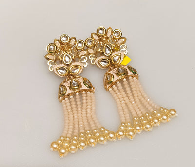 E0134_Classy crystal chain drop jumkas with delicate kundan work.