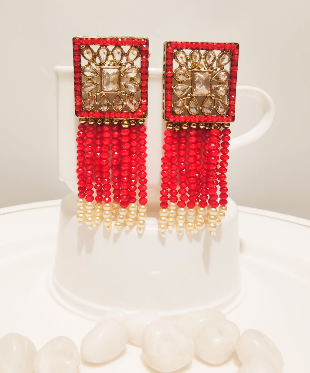 E0130_Classy red crystal chain drop earring studded with American Diamond stones with a touch of pearls.