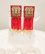 E0130_Classy red crystal chain drop earring studded with American Diamond stones with a touch of pearls.