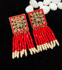 E0130_Classy red crystal chain drop earring studded with American Diamond stones with a touch of pearls.