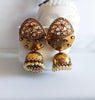 E0141_Glossy Golden Meenakari jumkas studded with stones.