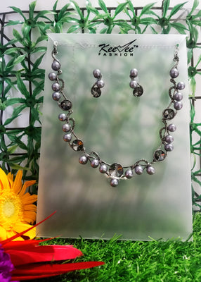 N090_Fancy grey bead necklace set studded  with a touch of black stones.