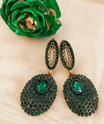 E0345_Classy green stone studded earrings (medium size hangings).