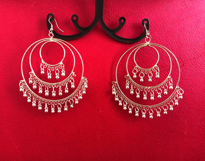 E0365_ Elegant German Silver oxidized layer hoop earrings with bead drops (larger size hangings).