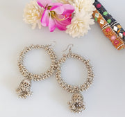 E0368_ Elegant German Silver oxidized  ring earrings  with bead drops and hanging jumka (medium size hangings).