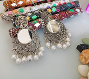 E0378_ Smashing German Silver oxidized crafted danglers with mirror & pearl drops (medium size).