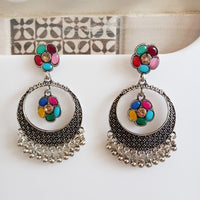 E0379_ Smashing German Silver oxidized crafted ring shaped danglers  studded with multi color stones & bead drops (medium size).