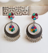 E0379_ Smashing German Silver oxidized crafted ring shaped danglers  studded with multi color stones & bead drops (medium size).