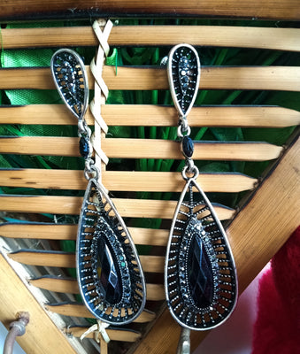 E0383_ Smashing German Silver oxidized crafted danglers studded with black stones (medium size hangings).