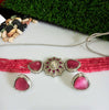 N0117_Classy  pink crystal choker necklace set with a over sized dazzling pendant studded  with  American diamond stones.