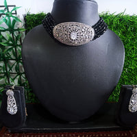 N098_Classy black crystal choker necklace set studded  with  American diamond stones.