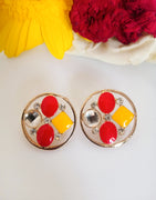 E0388_Classy yellow and red colored flower shaped stud earrings (small size).