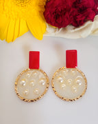 E0387_Classy red colored pearl studded earrings (medium size).