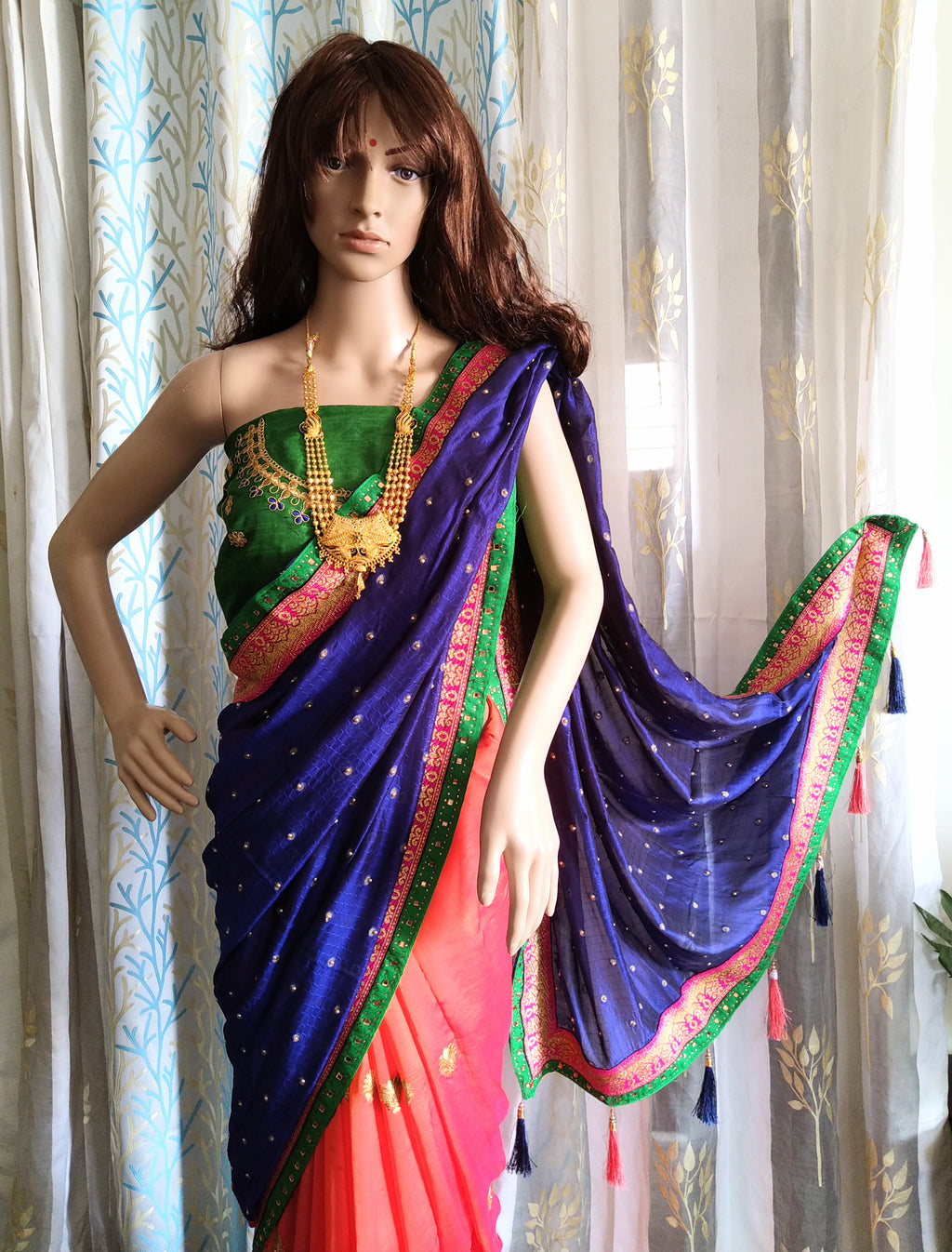 S01_Designer Silk Sarees Dual tone color with attached blouse piece & borders along with tassel .