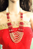 N040_Classy Style Stunning Long Multilayered ‘Raani Haar’ Necklace set with off white pearls and red crystal drops & studded with American Diamond stones.