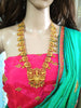 N0139_Gorgeous micro Gold matte polish Temple jewelry design Lakshmi pendant  necklace set studded with pink and green semi precious stones.
