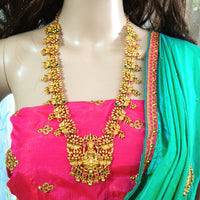 N0139_Gorgeous micro Gold matte polish Temple jewelry design Lakshmi pendant  necklace set studded with pink and green semi precious stones.