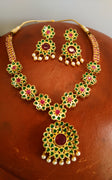 N0148_Elegant Micro Gold plated Necklace set studded  with a touch of pink & green ruby stones.