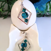 E0398_Gorgeous diamond shaped earrings studded with  blue & white color stones  (ear drop hangings).