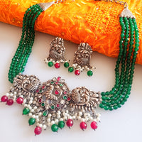 N0158_Exquisite pure German silver Oxidized necklace set studded with pink & green ruby stones with a touch of emerald green crystals & pearl drops.