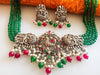 N0158_Exquisite pure German silver Oxidized necklace set studded with pink & green ruby stones with a touch of emerald green crystals & pearl drops.