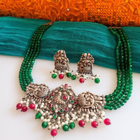 N0158_Exquisite pure German silver Oxidized necklace set studded with pink & green ruby stones with a touch of emerald green crystals & pearl drops.