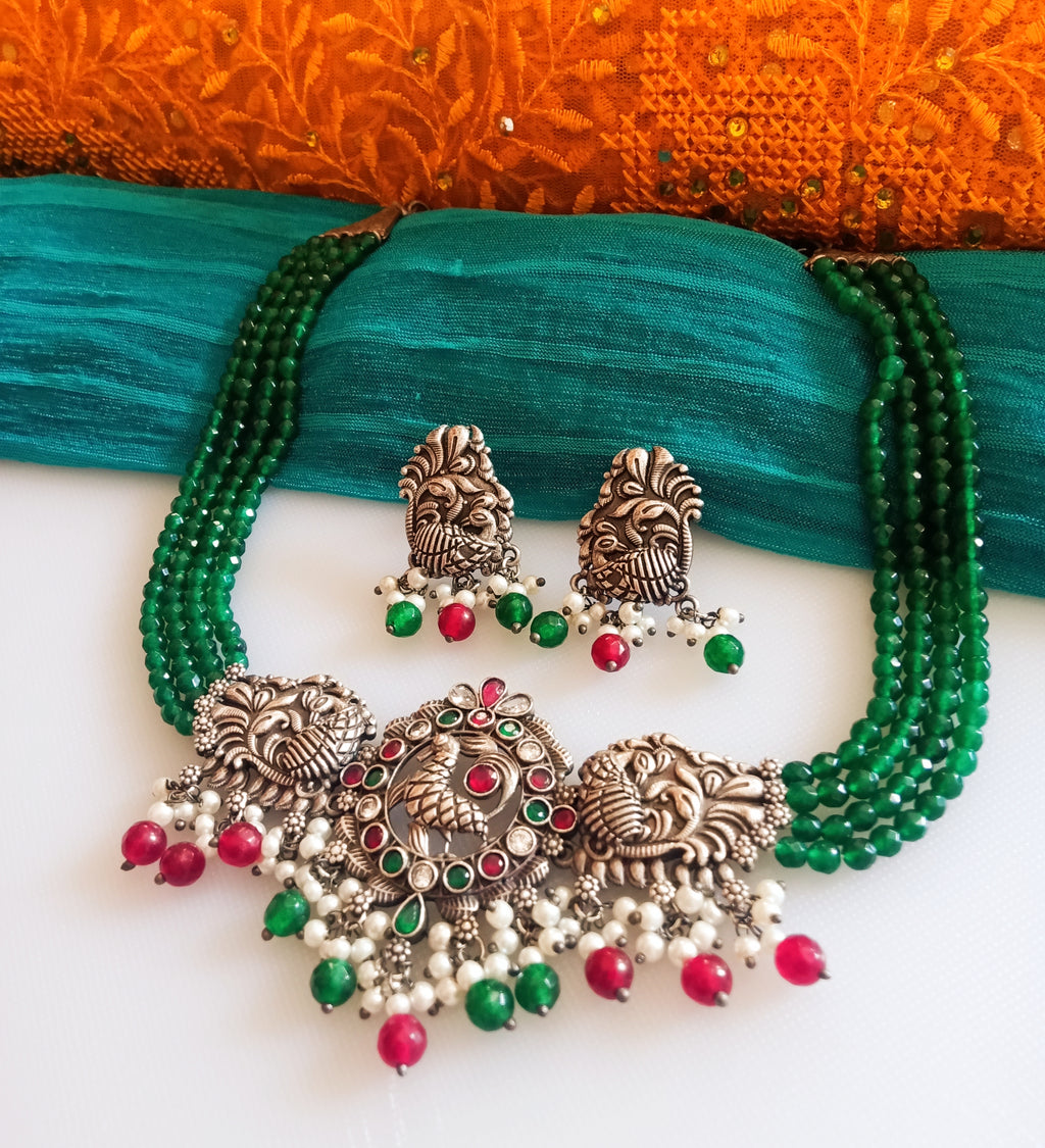 N0158_Exquisite pure German silver Oxidized necklace set studded with pink & green ruby stones with a touch of emerald green crystals & pearl drops.