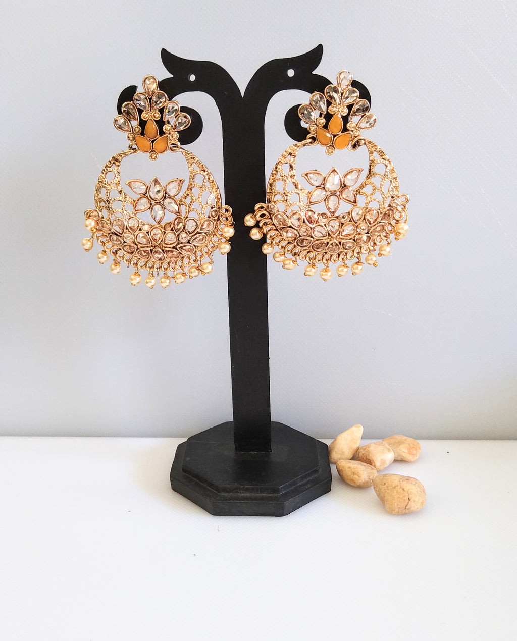 E0401_Classy  golden danglers studded with stones with a touch of pearls (ear drop hangings).