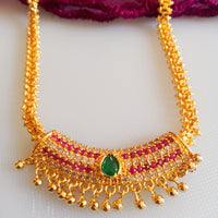 N0163_Elegant Micro Gold plated Necklace set studded  with a touch of pink & green ruby stones with a touch of pearls.