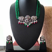 N0158_Exquisite pure German silver Oxidized necklace set studded with pink & green ruby stones with a touch of emerald green crystals & pearl drops.